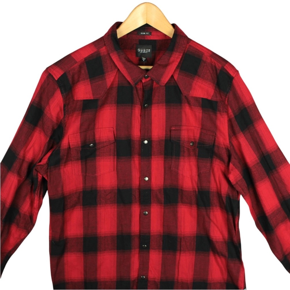 GUESS Snap On Flannel Button Down SLIM Fit Shirt Mens XL Red Black Plaid L/S NWT - Picture 3 of 11
